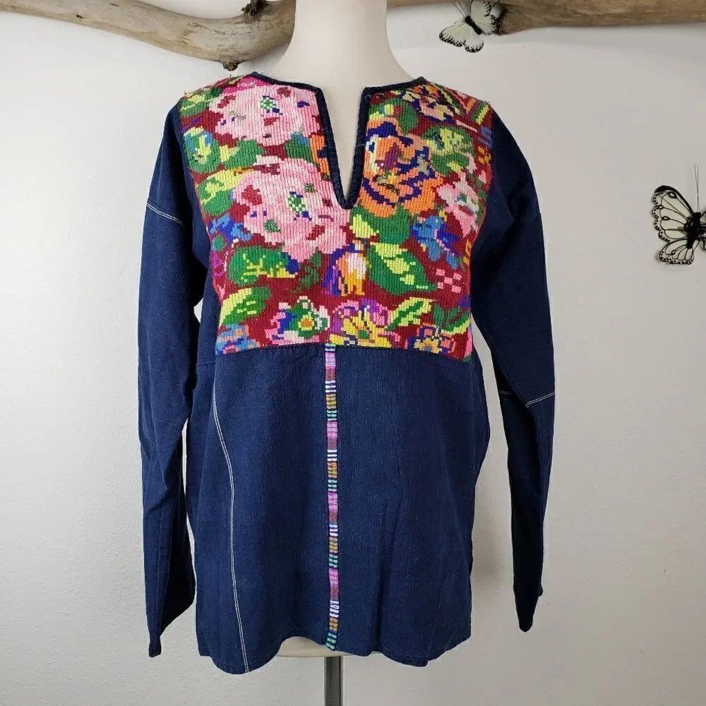 Denim dark wash tunic with embroidered front